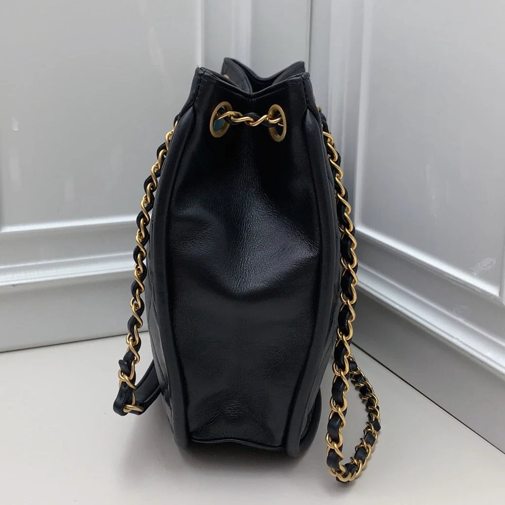 Chanel Diamond Hobo Chain Shoulder Bag Black Gold Used Women Classic