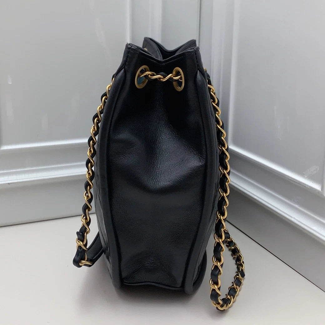 Chanel Diamond Hobo Chain Shoulder Bag Black Gold Used Women Classic