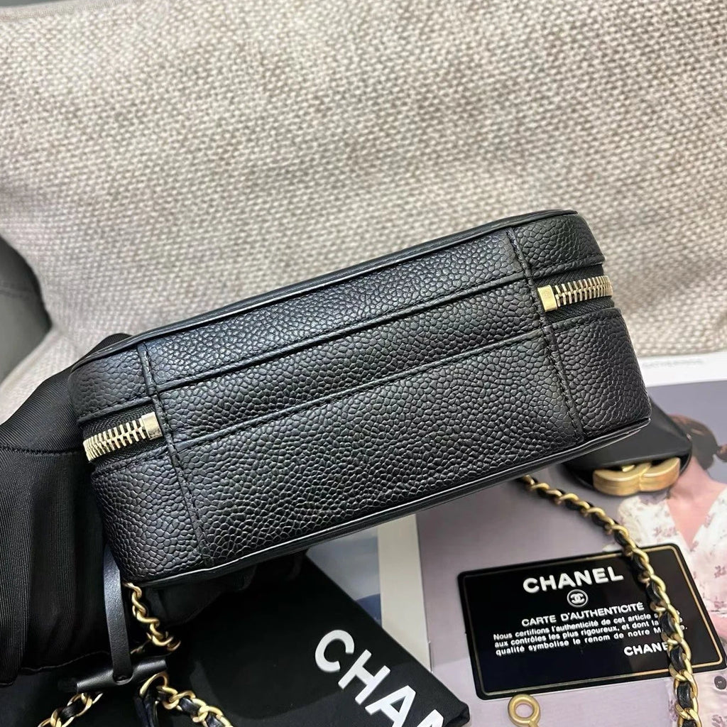 Chanel Vanity Case PM Chain Top Handle Crossbody Black Gold Women Diamond