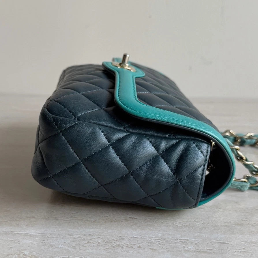 Chanel Classic Flap Lambskin Silver Chain Shoulder Bag Crossbody Navy Green