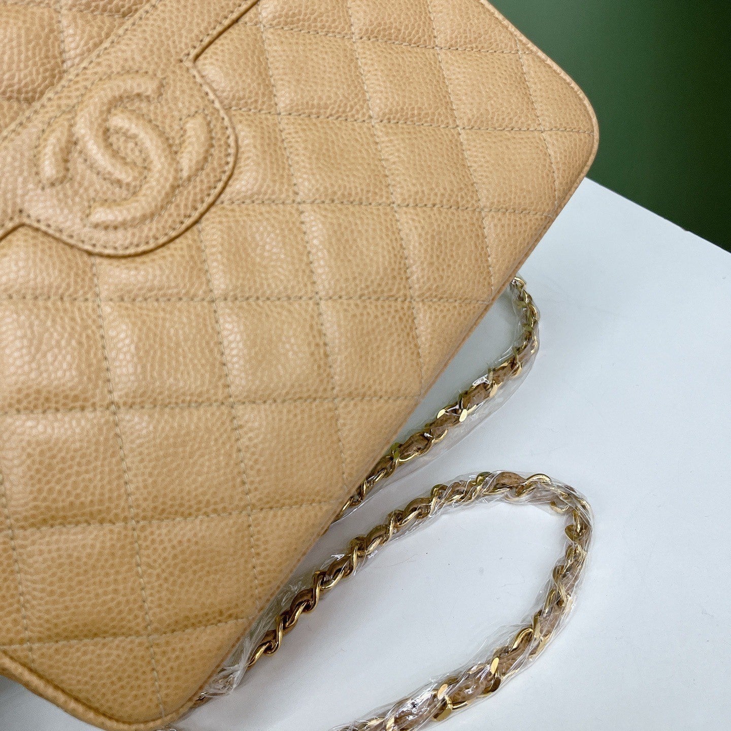 Chanel Diamond Tassel Camera Chain Shoulder Bag Beige Gold Used Women Classic