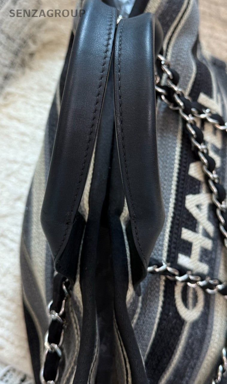 Chanel Tote Striped Bag Chain Shoulder Bag Black Silver Used Women Classic