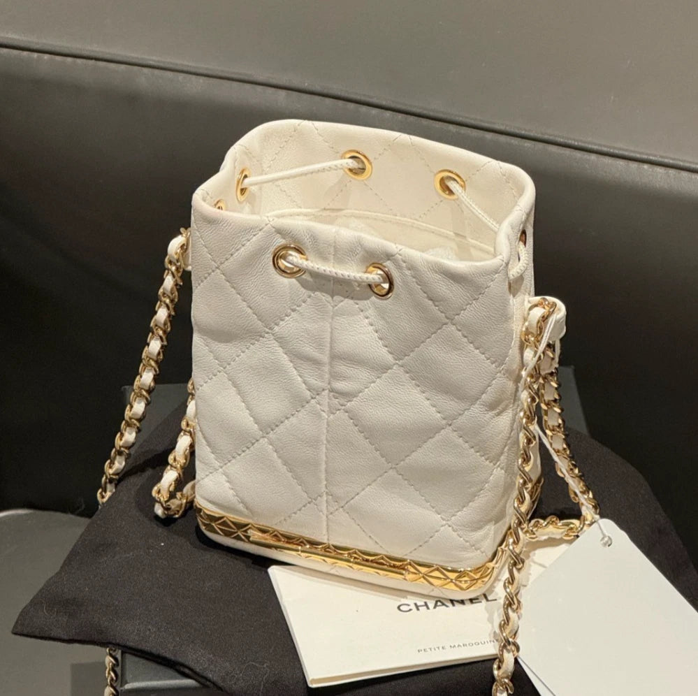 Chanel Diamond Chain Bucket Shoulder Bag Crossbody White Gold Women Classic