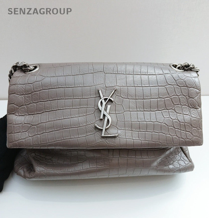 Saint Laurent Calfskin Chain Shoulder Bag Gray Silver Used Women Classic