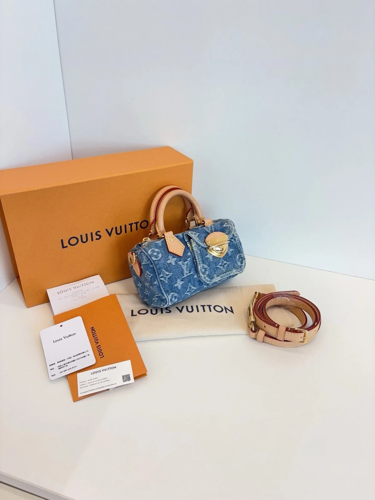 Louis Vuitton Speedy Nano Handbag Women's Crossbody Bag Blue Denim Monogram