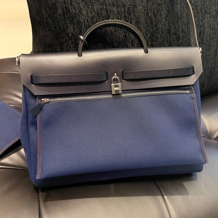 Hermes Herbag39 Canvas Top Handle Shoulder Crossbody Blue Silver Women D