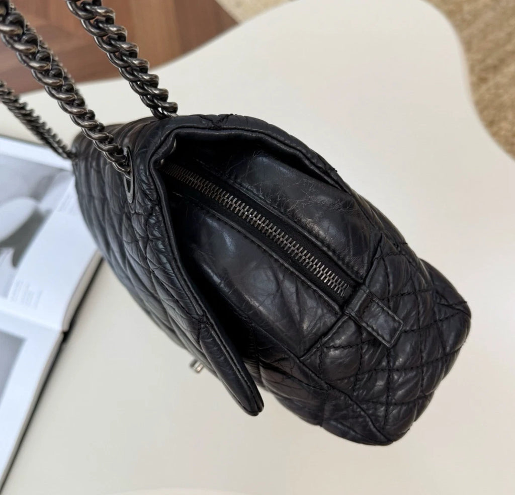 Chanel Classic Flap Diamond Calfskin Chain Shoulder Bag Black Silver Used Women