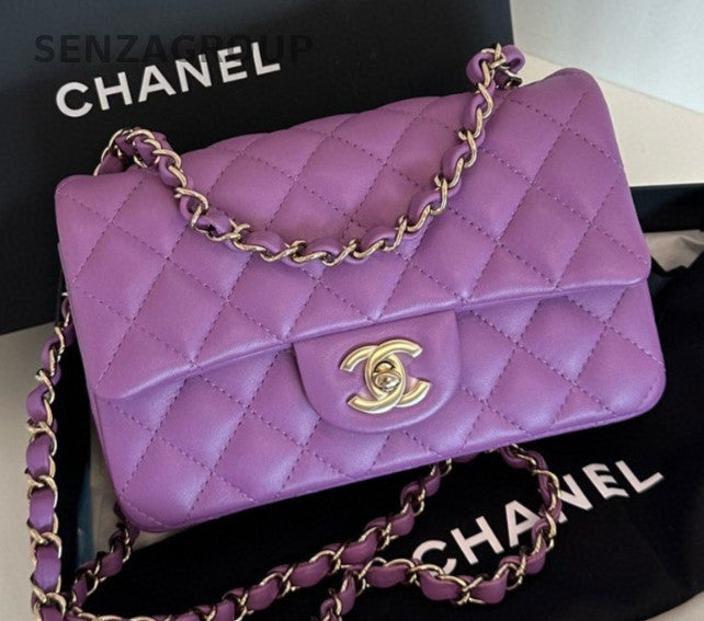 Chanel Classic Flap Mini Chain Shoulder Bag Purple Gold Women Diamond Fashion