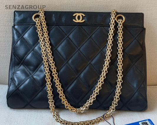 Chanel Diamond Tote Chain Shoulder Bag Black Gold Women Classic Vintage