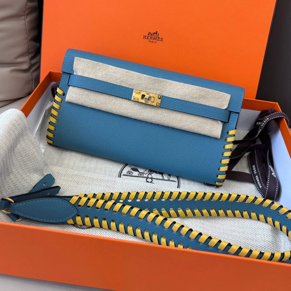 New Hermes Kelly To Go Tressage 2Way Blue Clutch Crossbody Gold Hardware