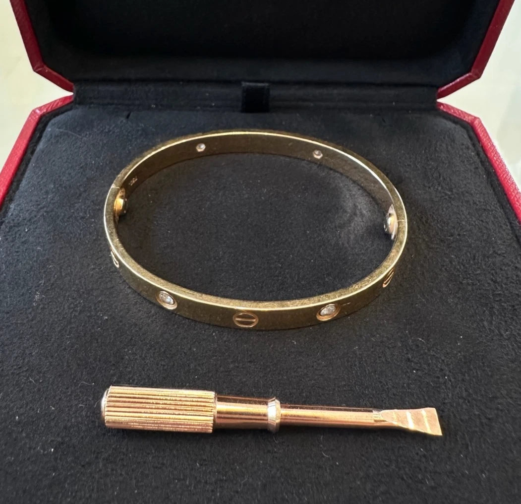 Authentic Cartier Love Classic Bracelet 4 Diamonds 18K Rose Gold Bangle Size17