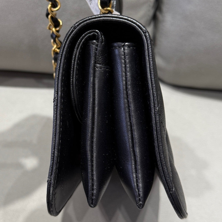 Chanel 23B Black Gold Quilted Classic Flap Bag Chain Shoulder Tote