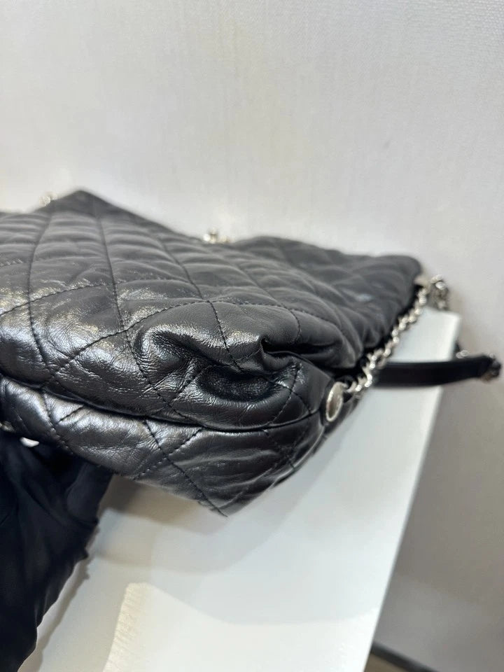CHANEL Black Silver Oil Wax Leather Hobo Shoulder Bag For Women
