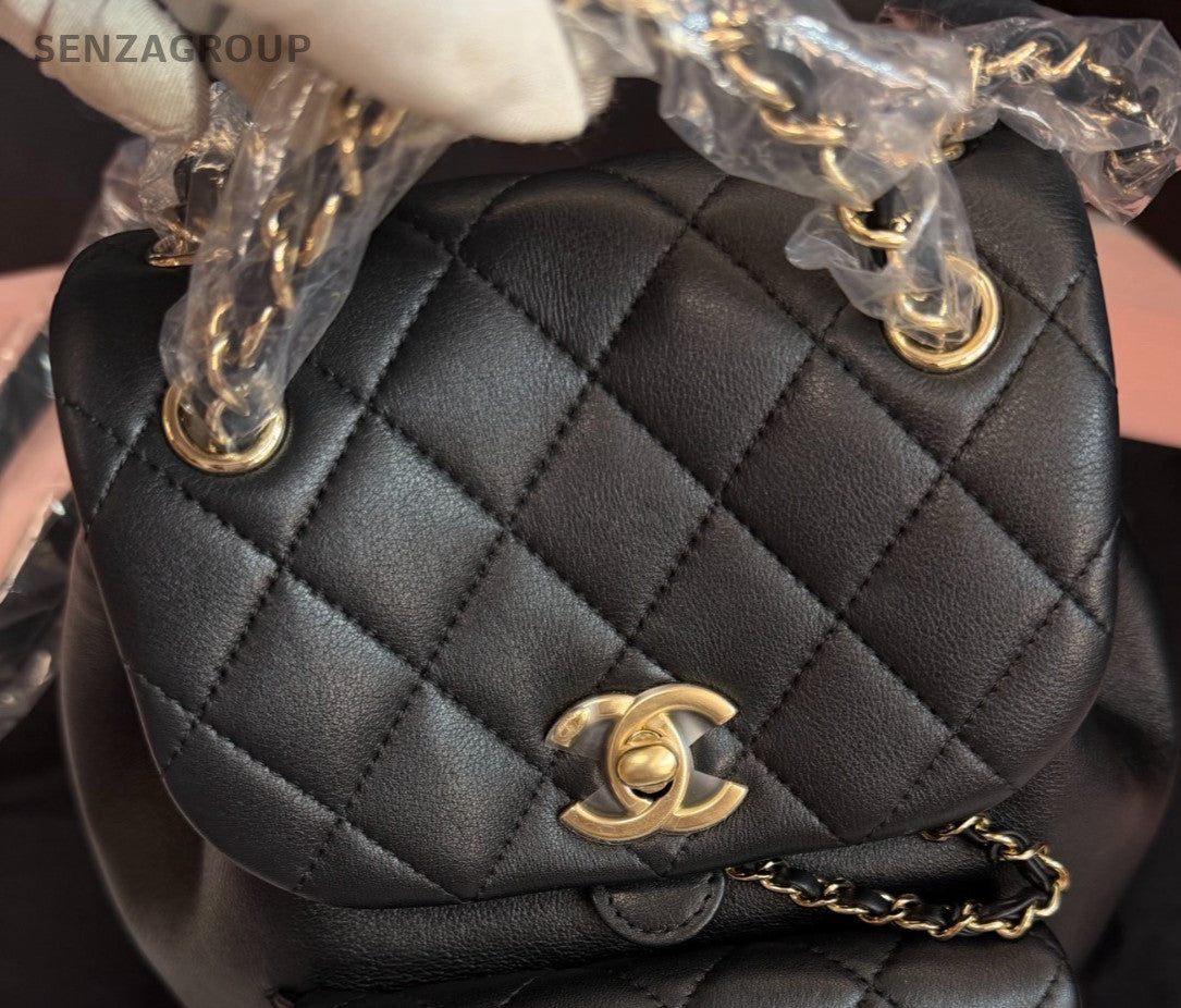 Chanel Duma PM Calfskin Backpack Black Gold Used Women Classic Diamond