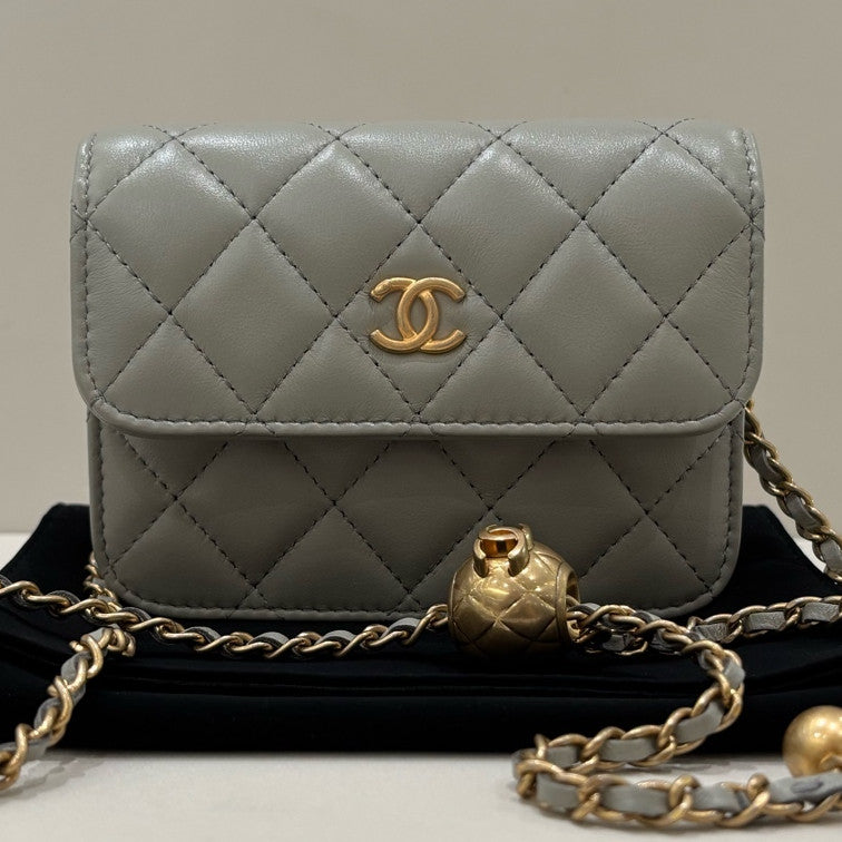 Chanel WOC Mini Grey Gold Quilted Chain Shoulder Crossbody Bag