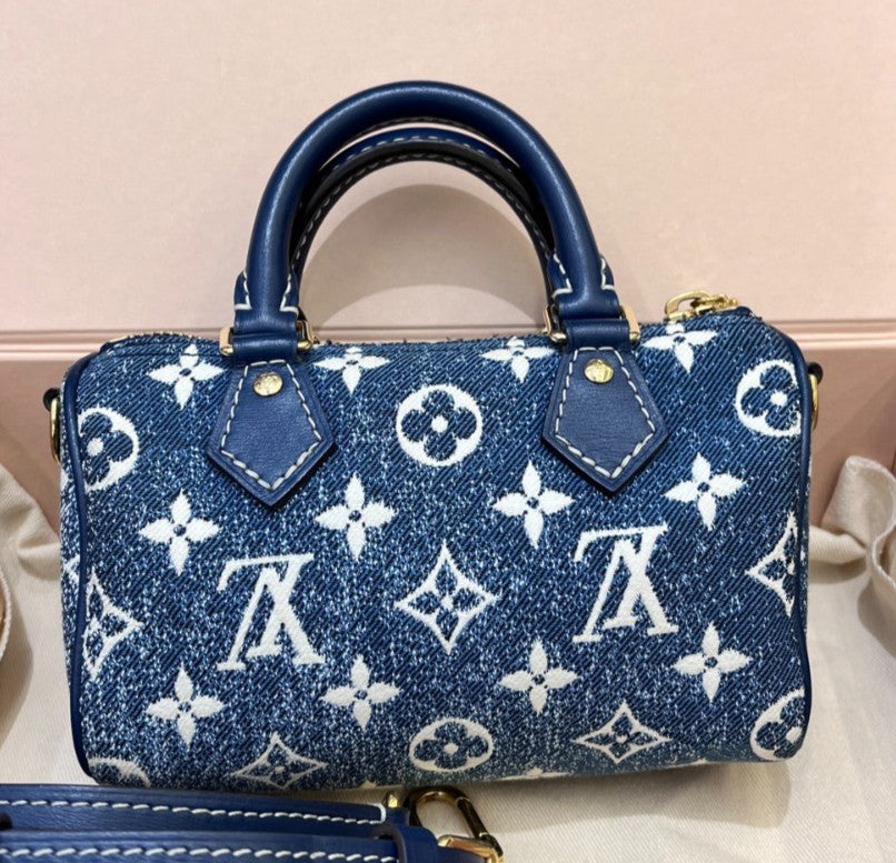 Louis Vuitton Denim Speedy Nano Monogram Top Handle Bag Crossbody Blue  Women