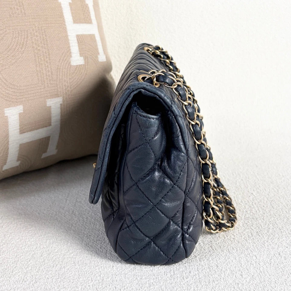 Chanel Classic Flap Chain Lambskin Shoulder Crossbody Blue Gold Women Diamond