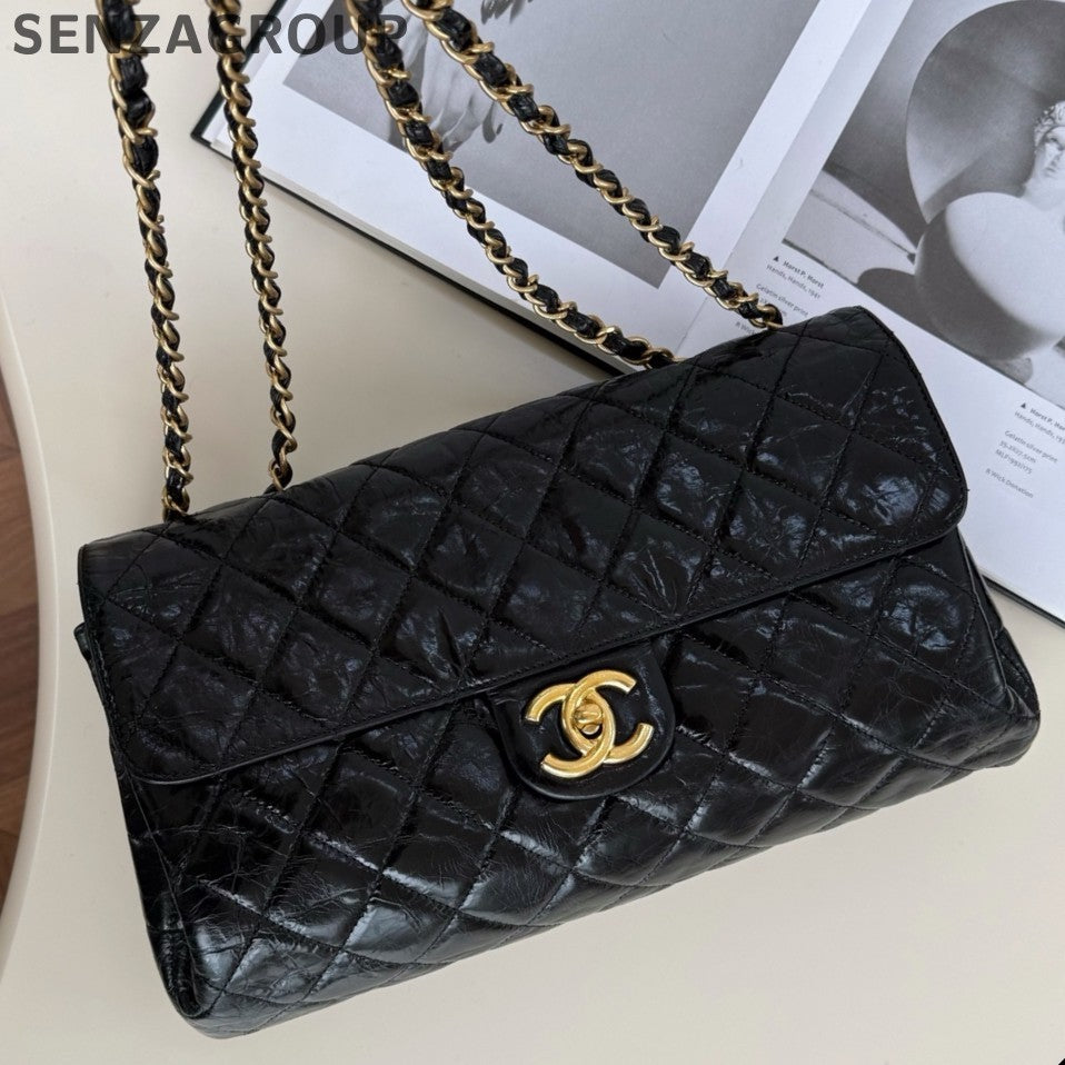Chanel Classic Flap Chain Shoulder Bag Black Gold Women Fashion Diamond