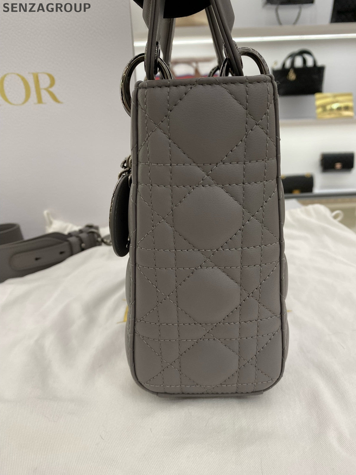 Dior Lady Dior Cannage Grey Gold Handbag Shoulder Crossbody Bag Classic