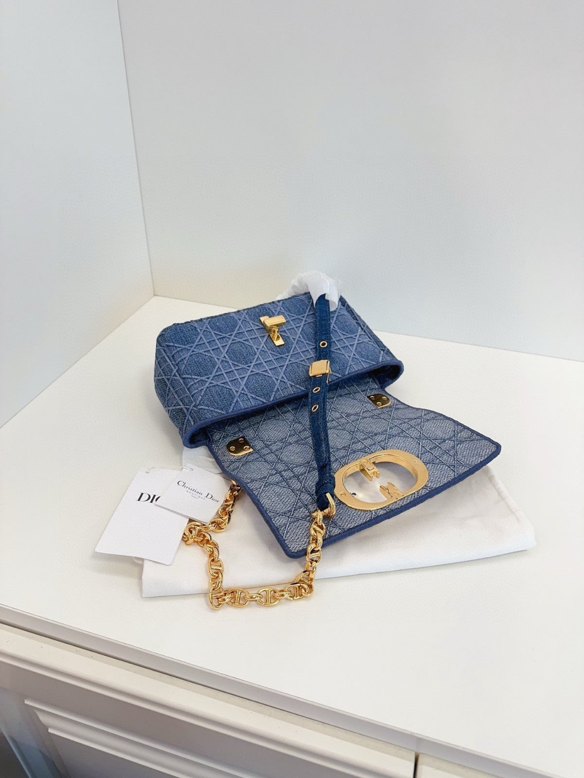 Christian Dior Caro PM Denim Wicker check pattern Chain Shoulder bag Blue Gold