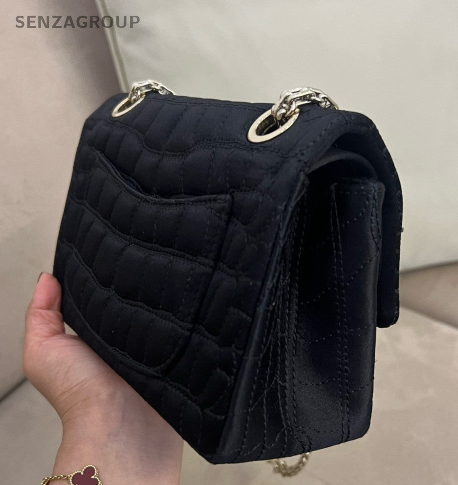 Chanel 2.55 Satin Alligator pattern Chain Shoulder bag Women Black