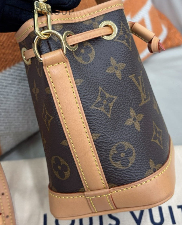 Louis Vuitton Monogram Nano Noe Bucket Bag Crossbody Brown Gold Women Classic