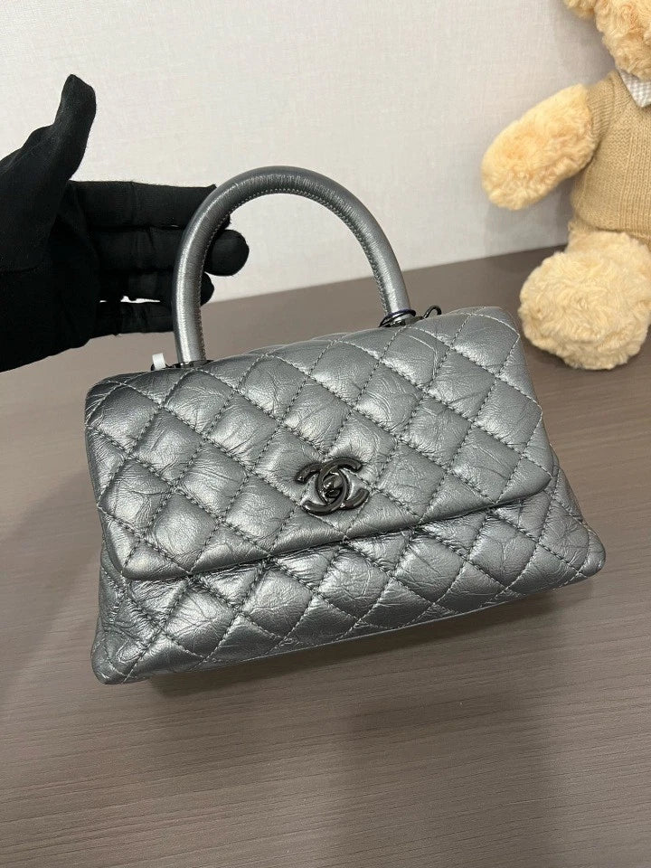 Authentic CHANEL Silver Gray Coco Handle Small Handbag For Women