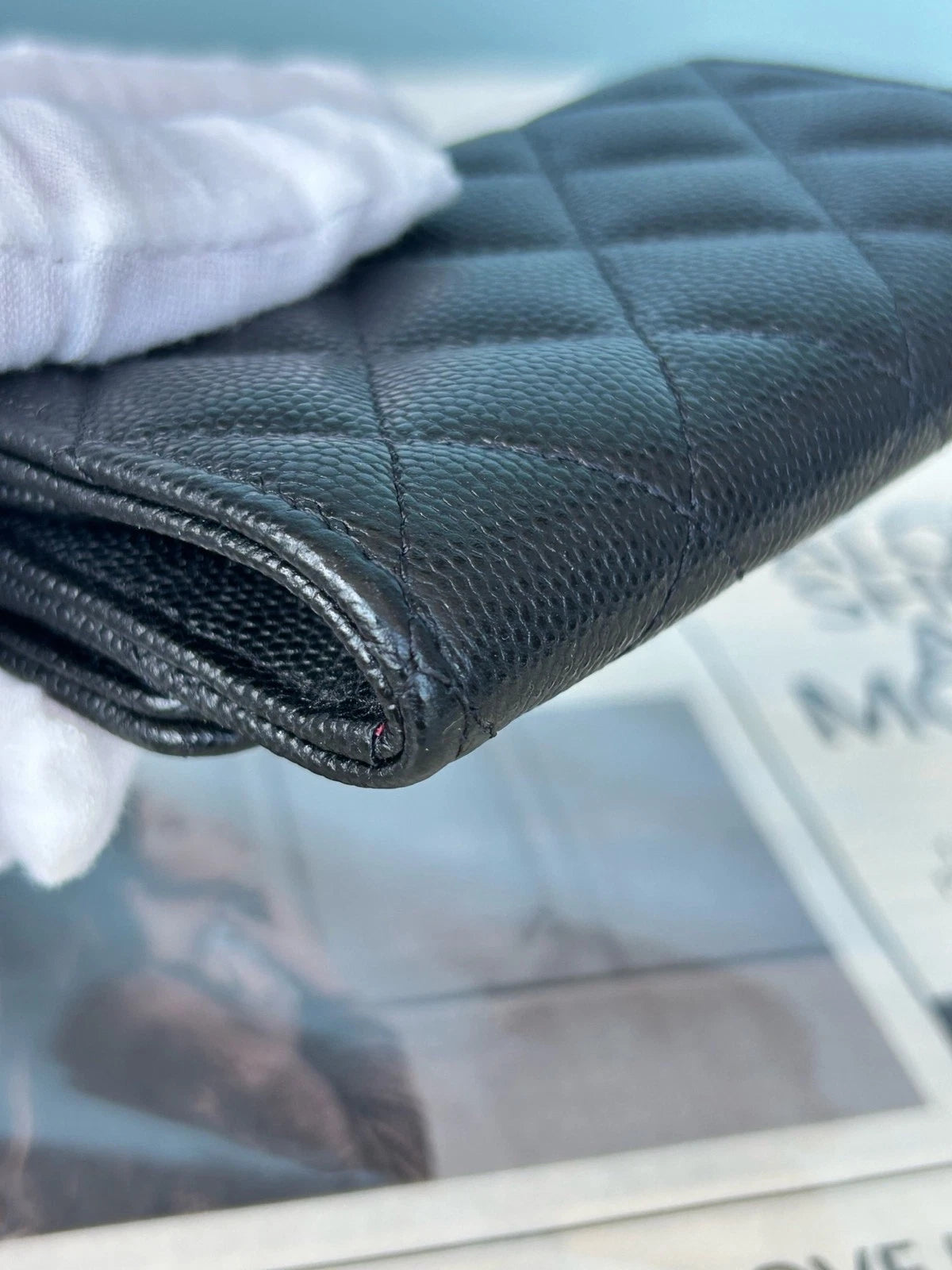 Chanel Calfskin Diamond Wallet Black Silver Women Classic