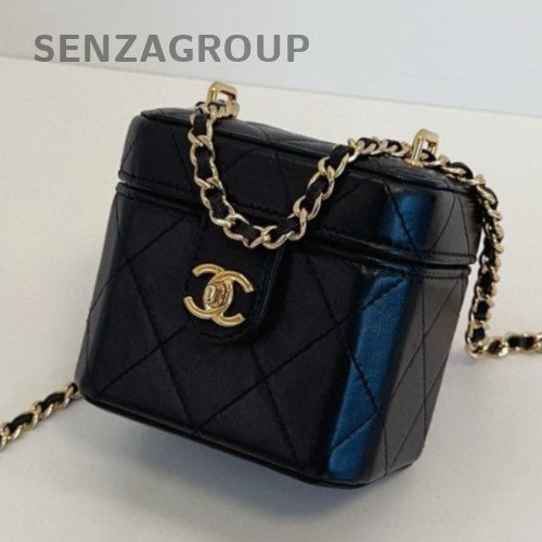 Chanel Lambskin Box Chain Shoulder Bag Crossbody Black Gold Women Classic