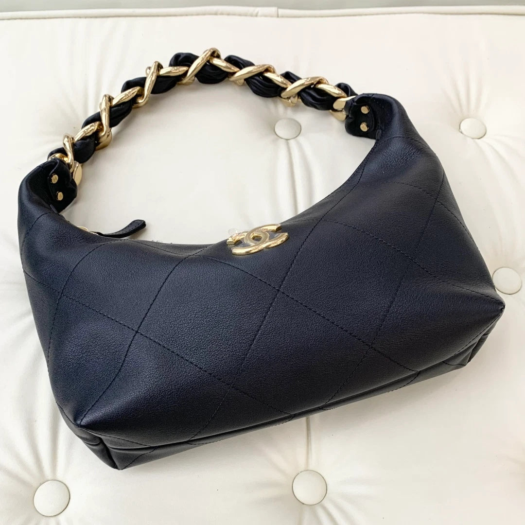 Chanel Calfskin Hobo Chain Top Handle Shoulder Bag Black Gold Women Fashion S