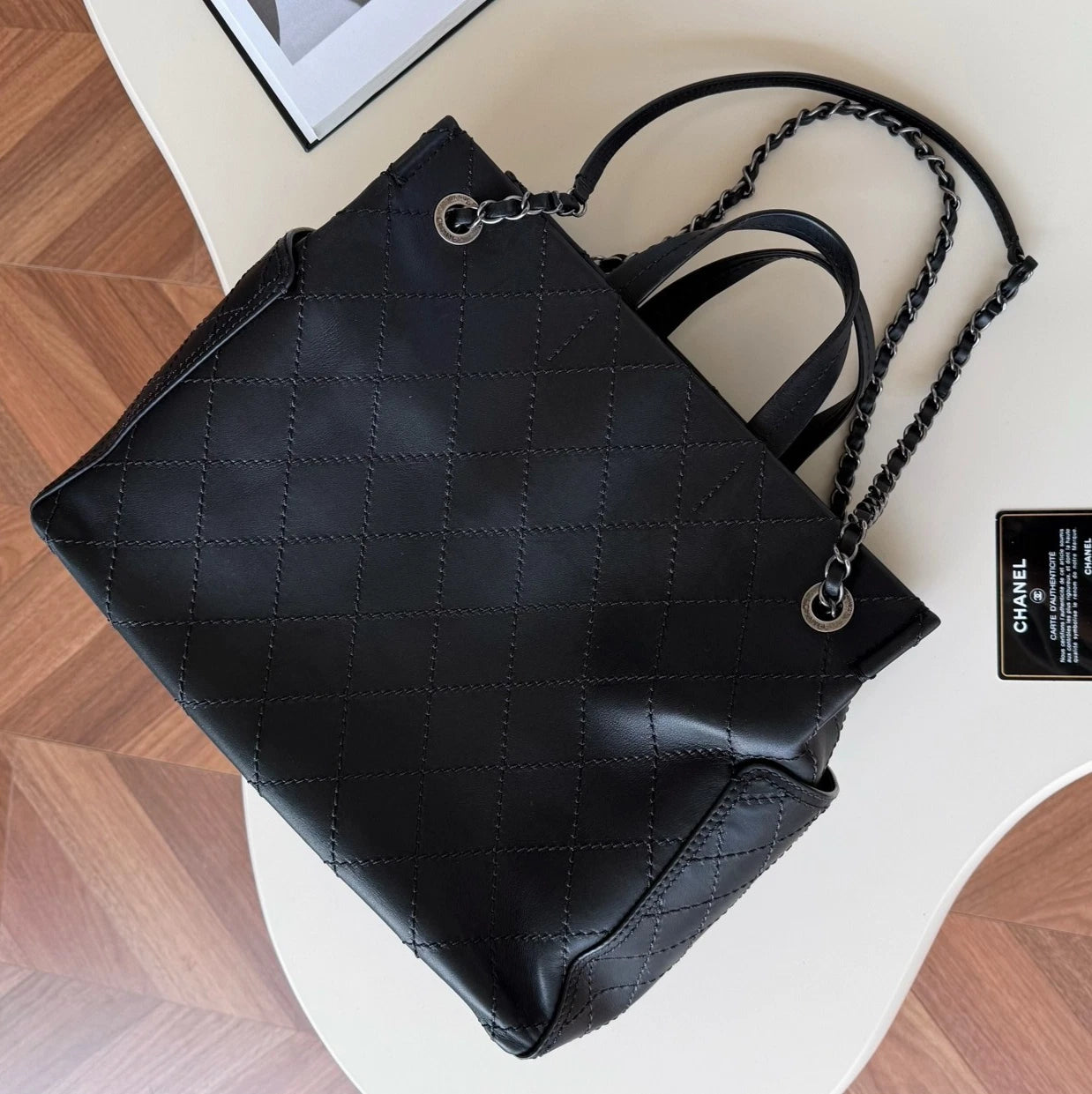 Chanel Diamond Calfskin Tote Chain Top Handle Shoulder Bag Black Silver