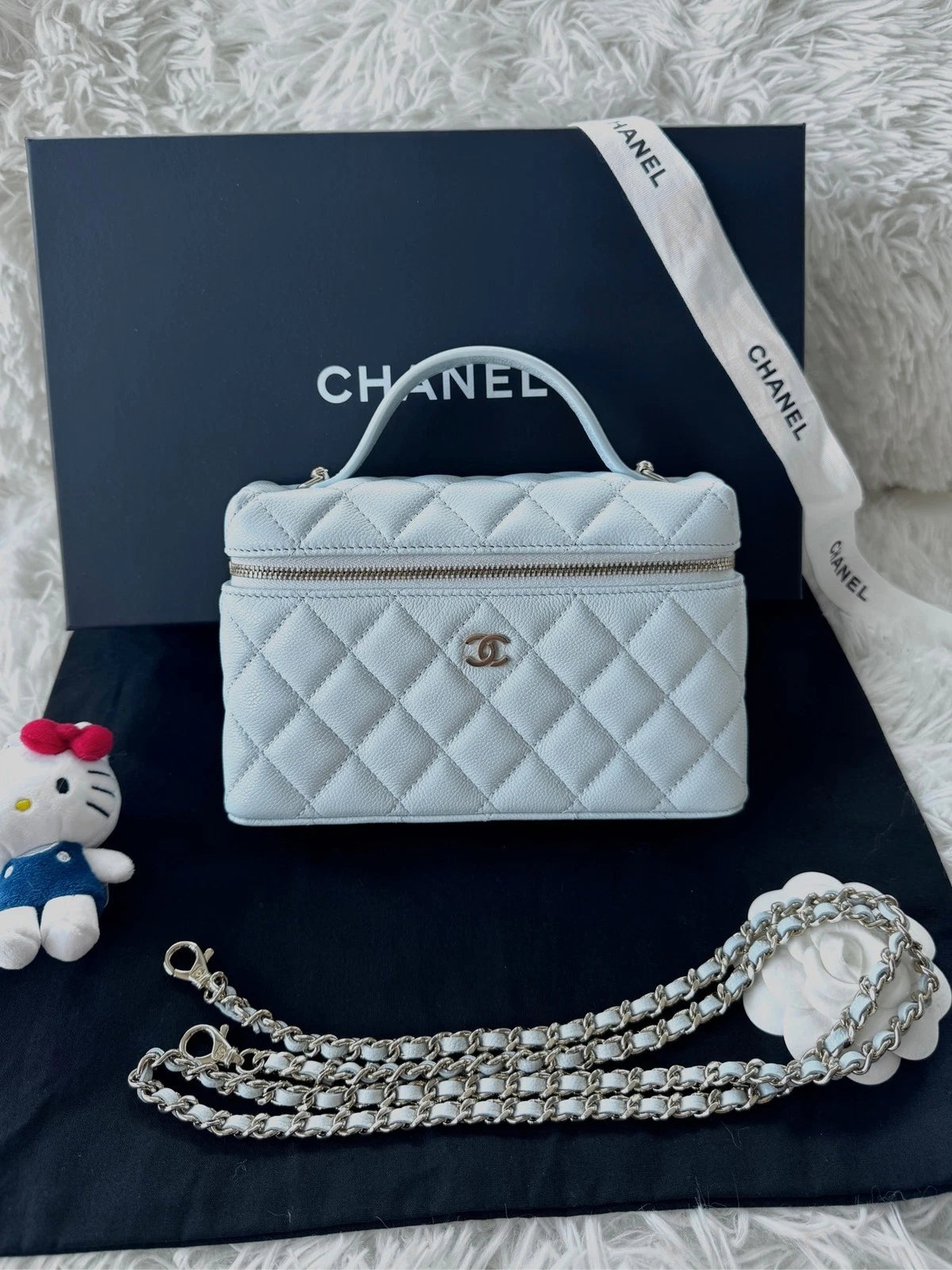 Chanel Baby Blue Leather Vanity Box Bag Gold Chain For Women