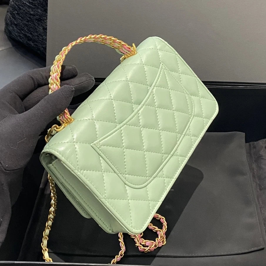 Chanel WOC Lambskin Diamond Top Handle Crossbody Green Gold Women Classic D