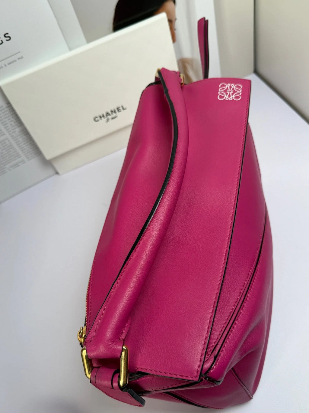 Loewe Puzzle MM Top Handle Shoulder Bag Crossbody Fuchsia Gold Women Classic