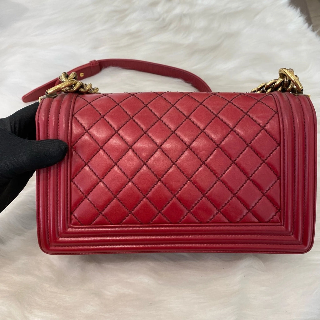 Chanel Le Boy Medium Calfskin Chain Shoulder Bag Red Silver Classic Women