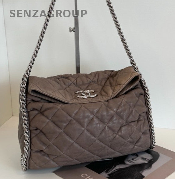 Chanel Hobo Chain Shoulder Bag Brown Silver Diamond Women Classic Designer