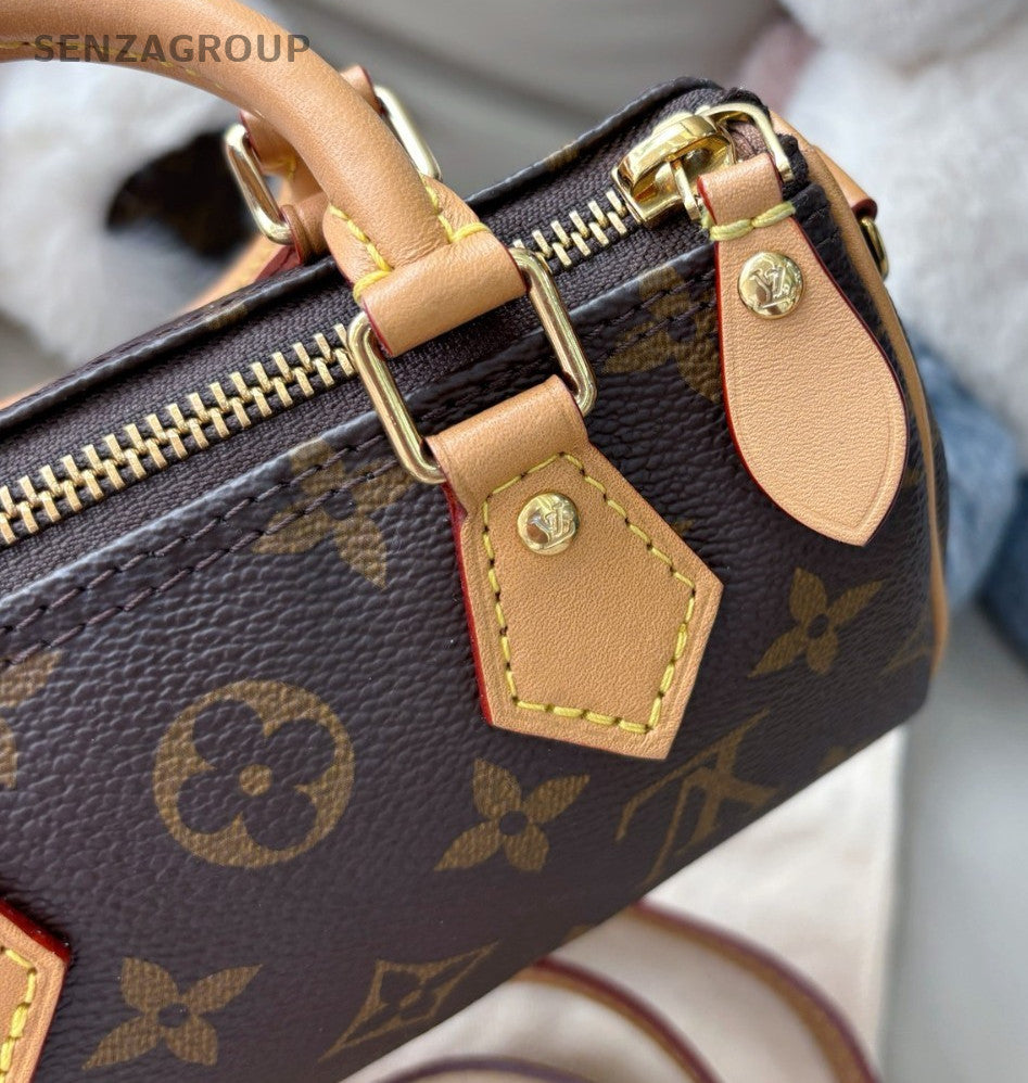 Louis Vuitton Nano Speedy Monogram Top Handle Bag Crossbody Brown Gold Women