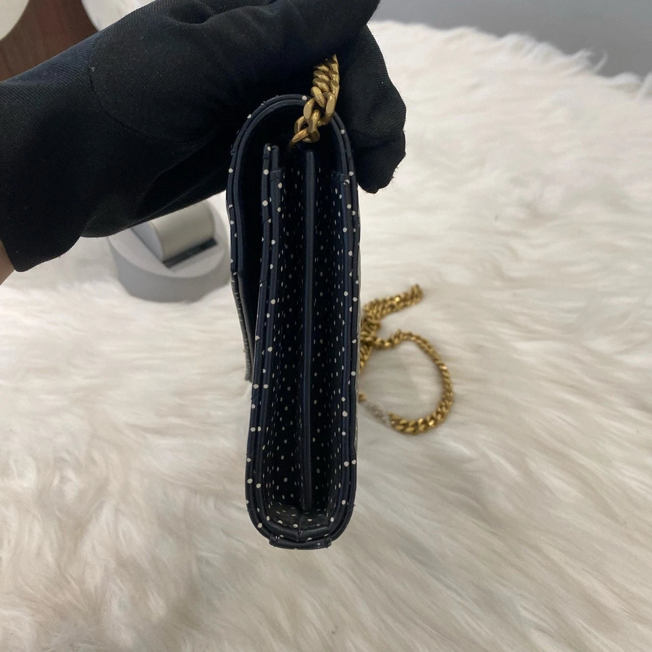YSL Saint Laurent Polka Dot Envelope Chain Shoulder Crossbody Black Gold