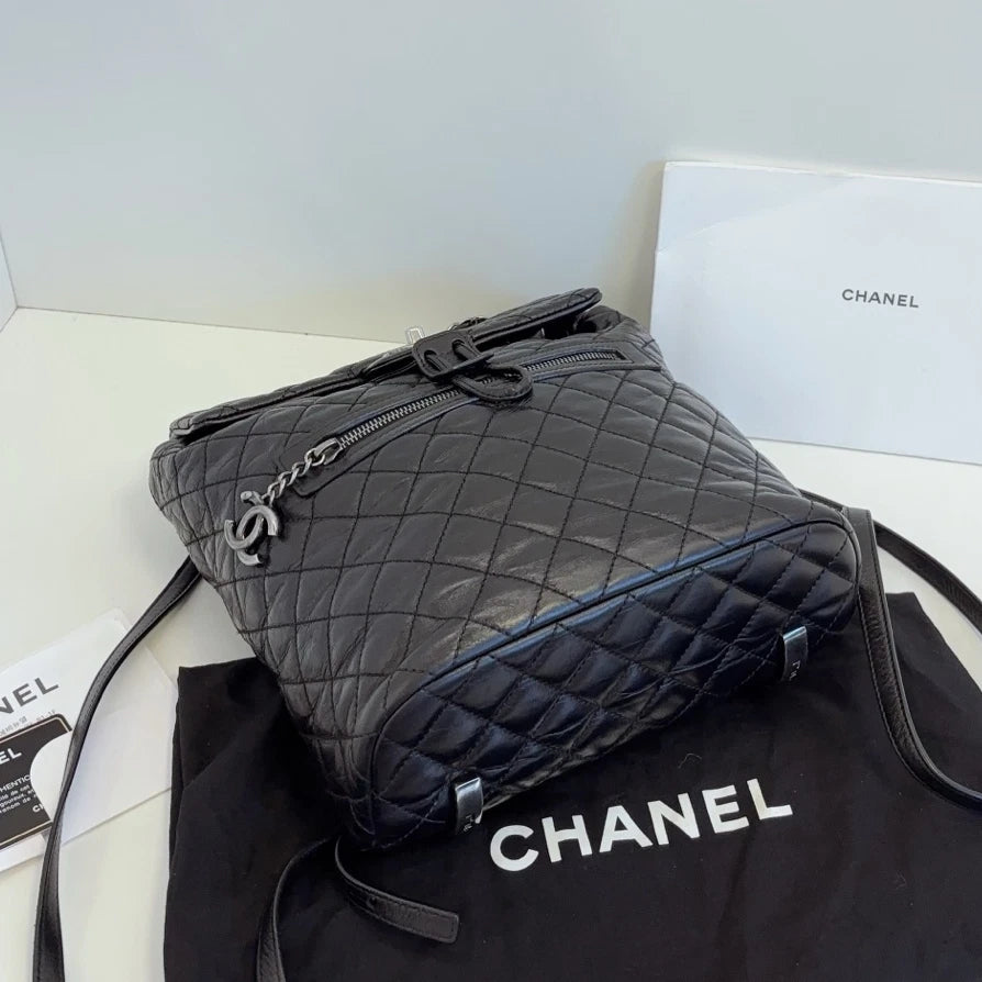 Chanel Calfskin MM Backpack Black Silver Used Women Diamond Classic