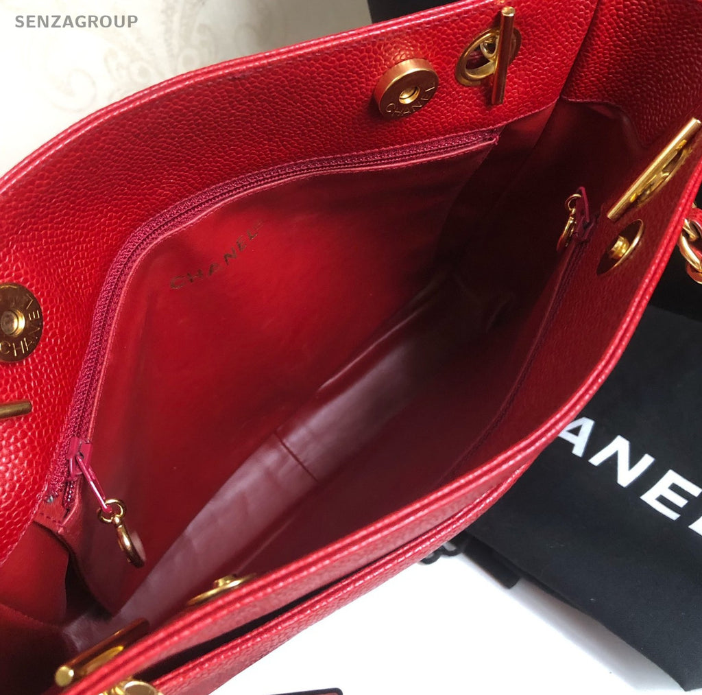 CHANEL Red Gold caviar single-shoulder bag eight logos Women