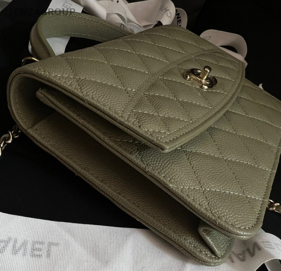 Chanel 25C Diamond Chain Top Handle Bag Crossbody Green Gold Women Fashion