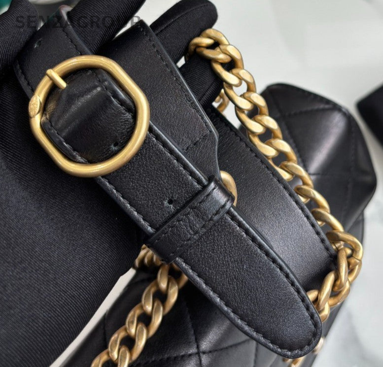Chanel 21S Calfskin Chain Shoulder Bag Black Gold Women Diamond Pattern Classic
