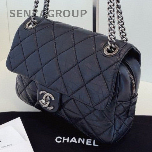 Chanel Classic Flap Chain Shoulder Bag Black Silver Diamond Used Women Fashion