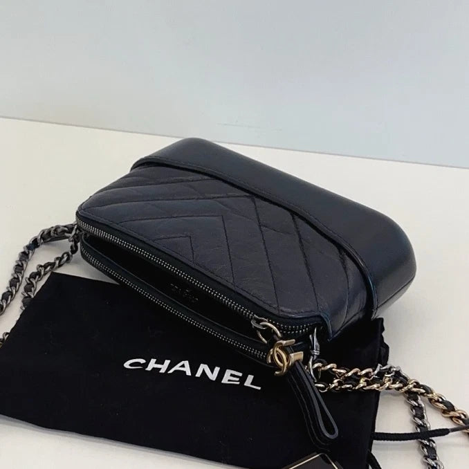 Chanel Gabrielle Chain Shoulder Bag Crossbody Black Gold Chevron Women Classic