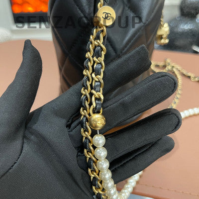 Chanel Quilted Pearl Drawstring Chain Bucket Bag Black Gold Shoulder Bag