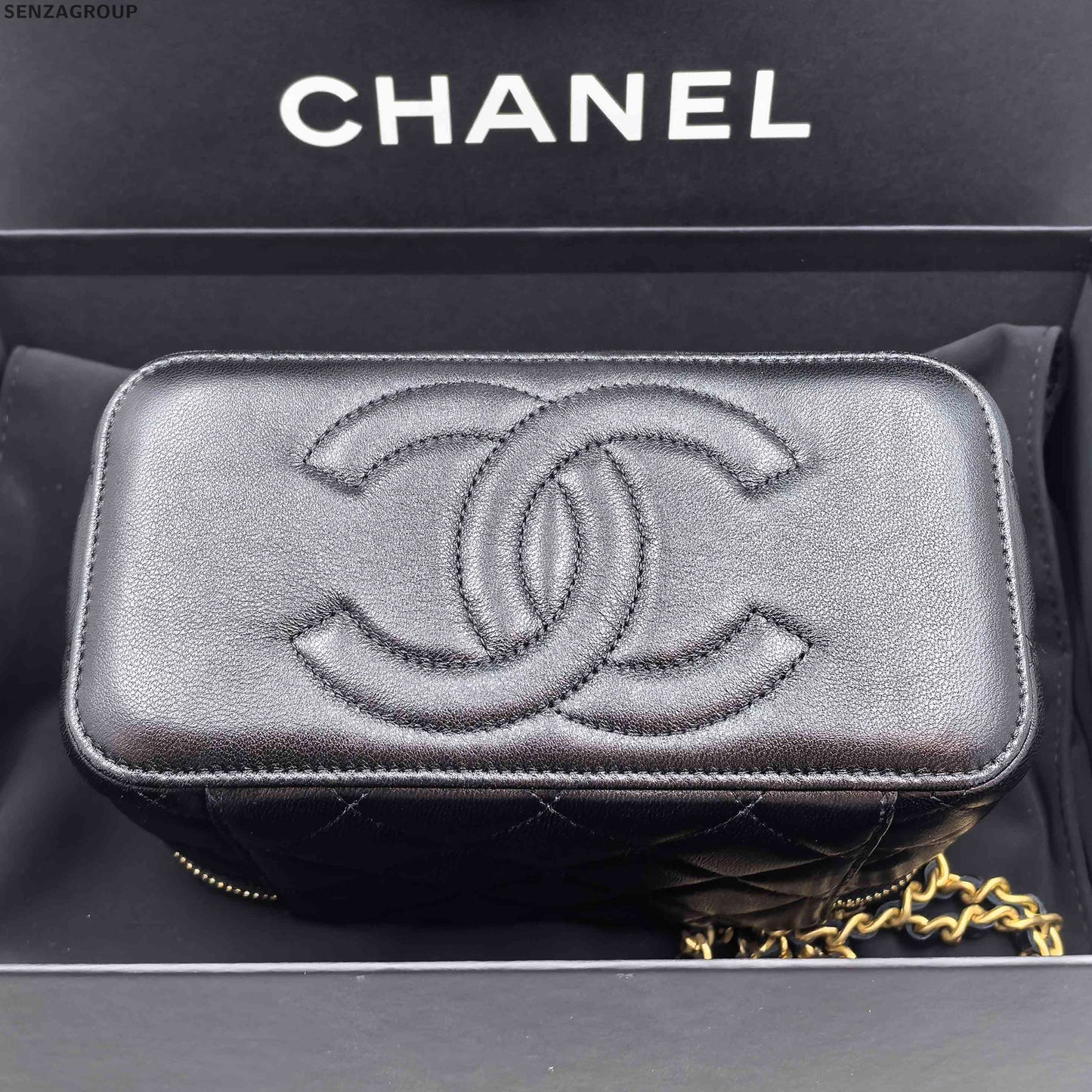 Chanel Classic Black Gold Quilted Chain Cosmetic Crossbody Bag