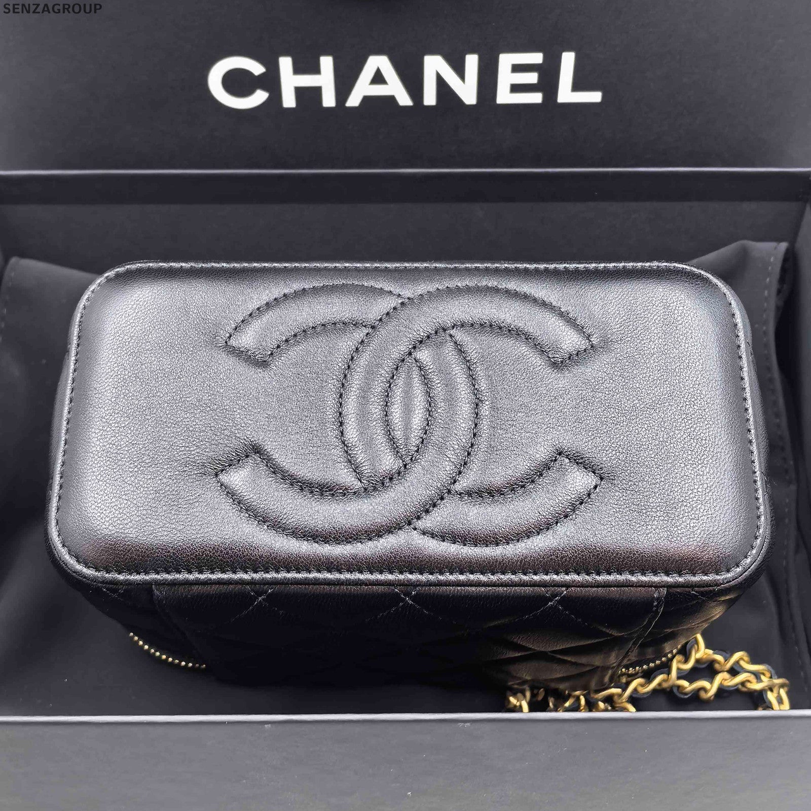 Chanel Classic Black Gold Quilted Chain Cosmetic Crossbody Bag