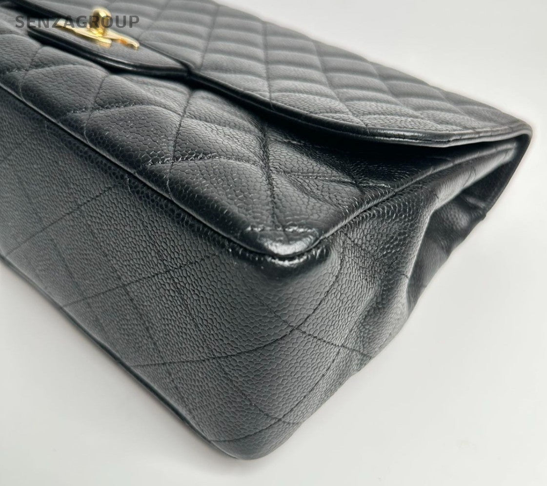 Chanel Classic Flap GM Chain Shoulder Bag Crossbody Black Gold Women Fashion