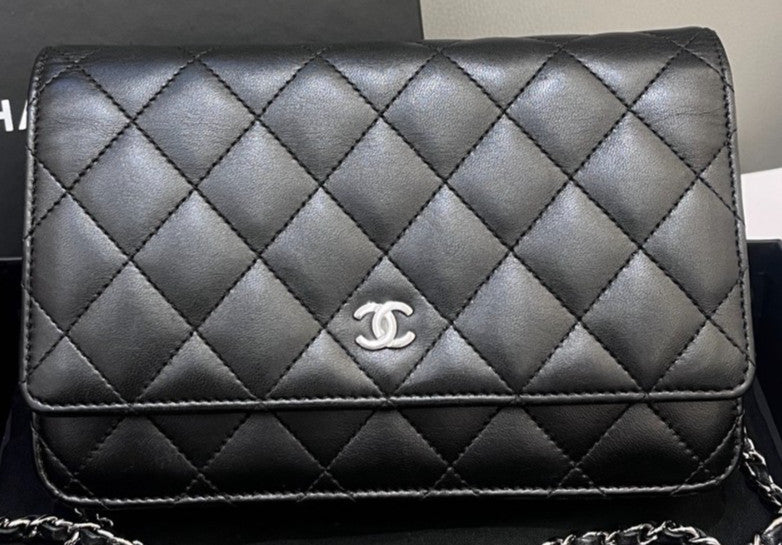 Chanel WOC Chain Lambskin Shoulder Bag Black Silver  Diamond Women Classic