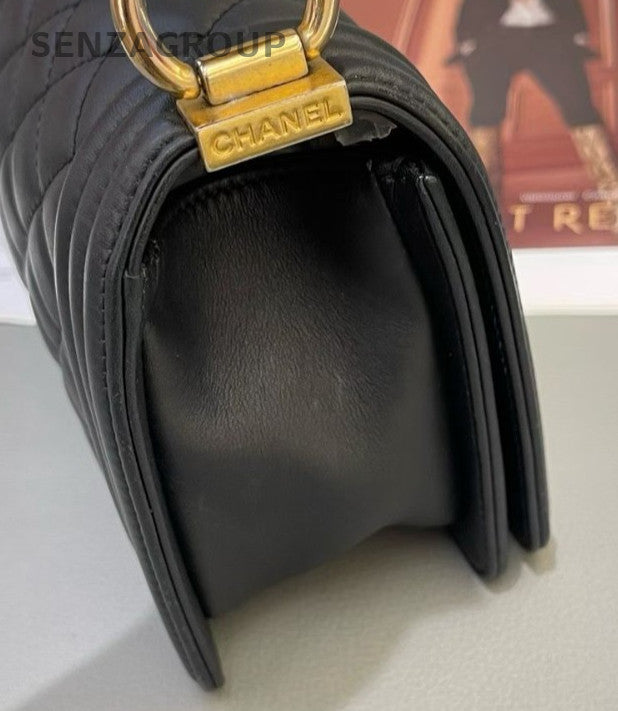 Chanel Leboy PM Calfskin Chain Shoulder Bag Crossbody Black Gold Women Classic